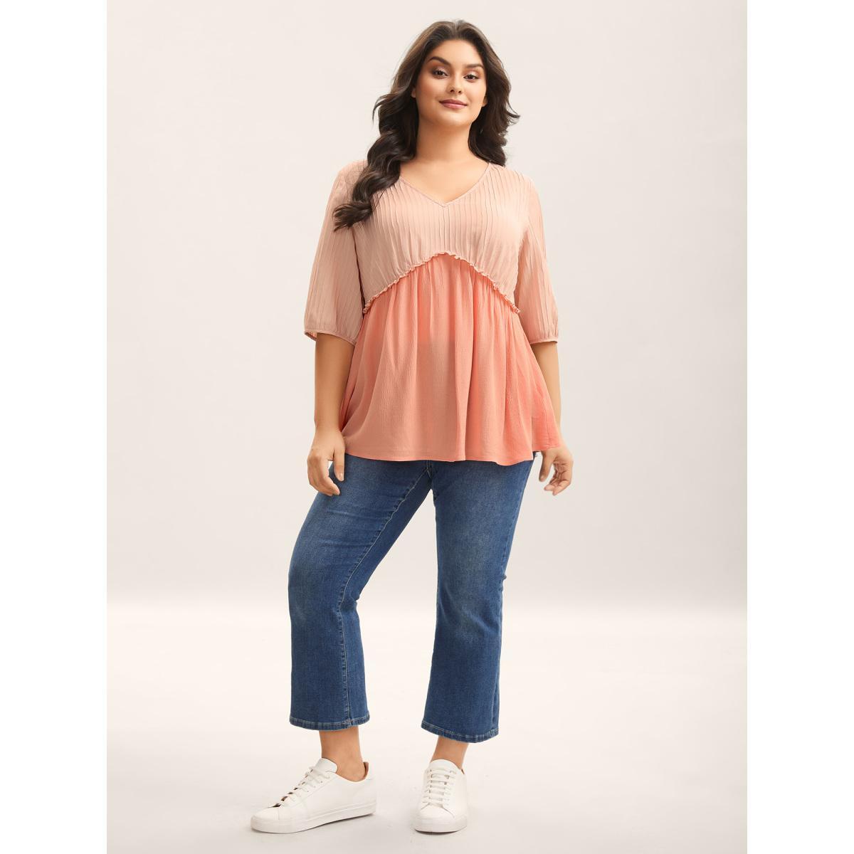Plus Size Coral Pleated Layered Sheer Puff Sleeve Blouse Women Elbow-length sleeve V-neck Everyday-Casual Blouses BloomChic 12/L Product Image