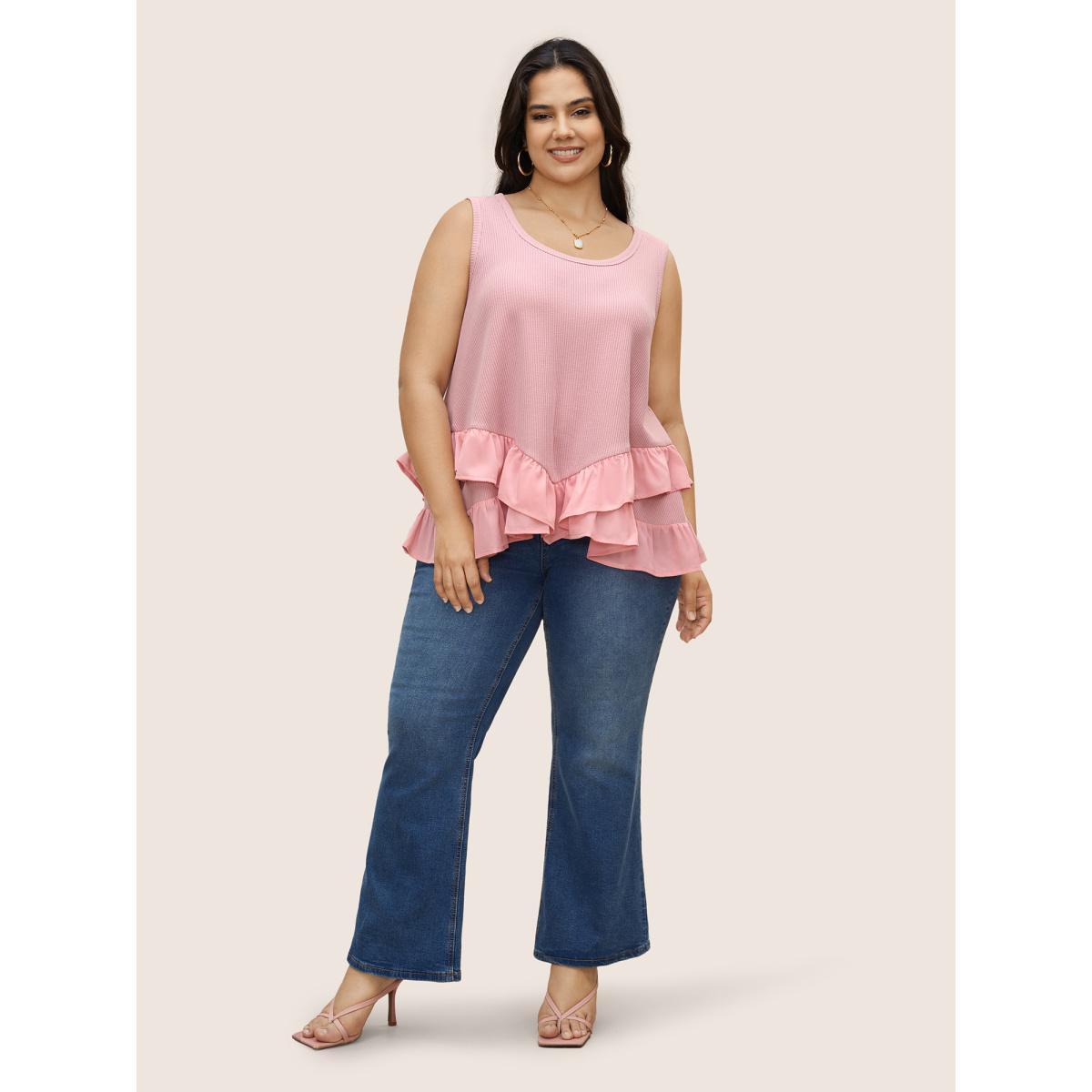 Plus Size Waffle Knit Patchwork Ruffle Hem Tank Top Women Pink Elegant Ruffles U-neck Everyday Tank Tops Camis BloomChic 14-16/1X Product Image