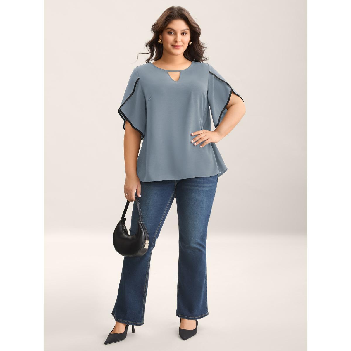 Plus Size Stone Color Contrast Petal Sleeve Shirt Women Half Sleeve Round Neck Work Blouses BloomChic 30/6X Product Image