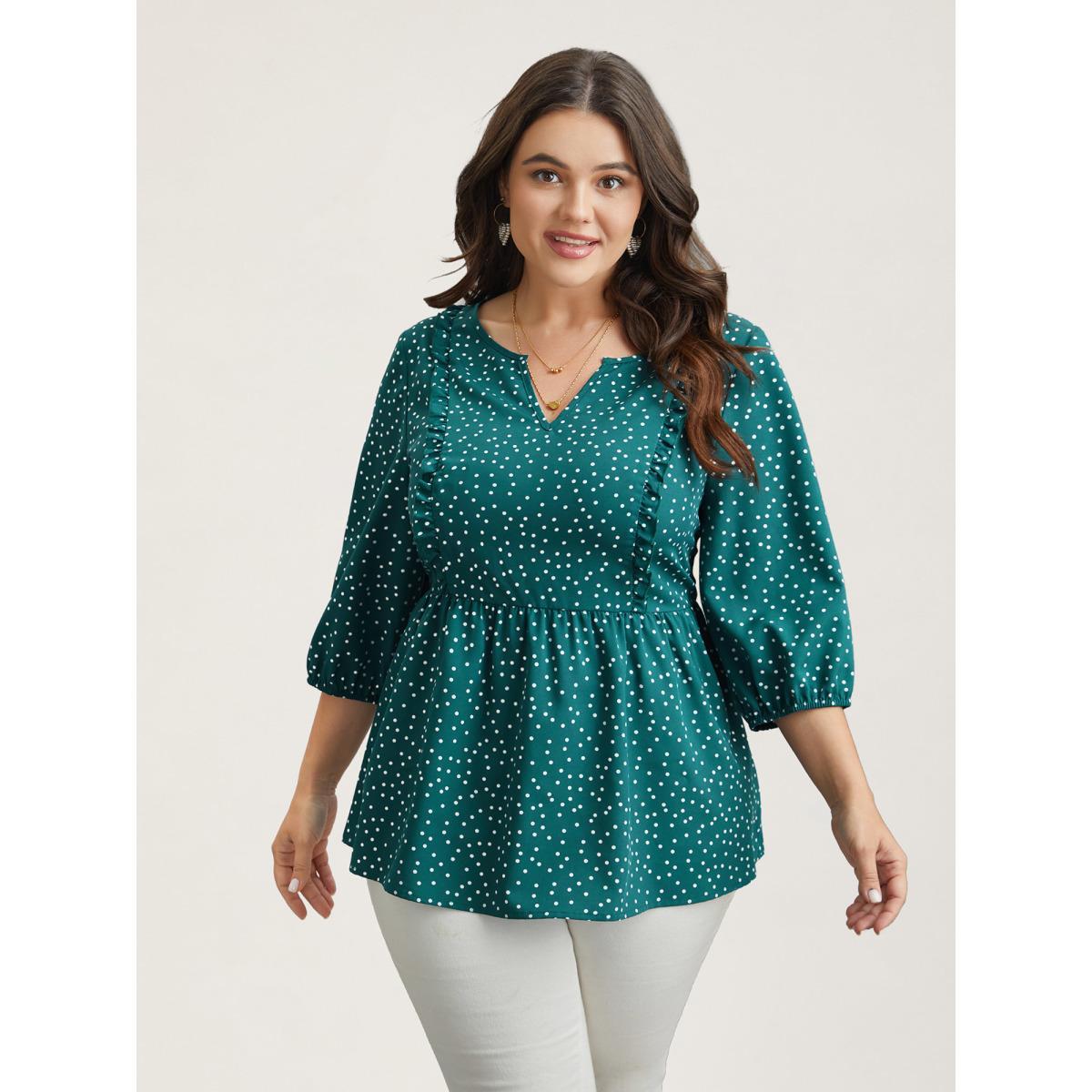 Plus Size Teal Polka Dots Ruffled Edged Stretchy-Waist Shirt Women Elegant Elbow-length sleeve Notched collar Everyday Blouses BloomChic 10/M Product Image