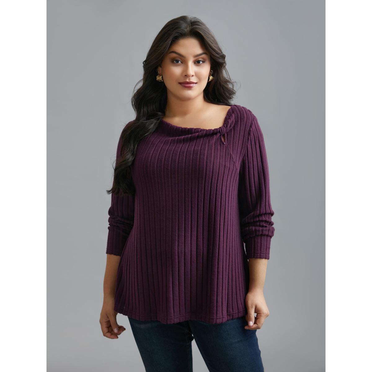 Plus Size Textured Twisted Asymmetric Neck T-Shirt Eggplant Women Elegant Twist Asymmetrical Neck Everyday T-shirts BloomChic 14-16/1X Product Image