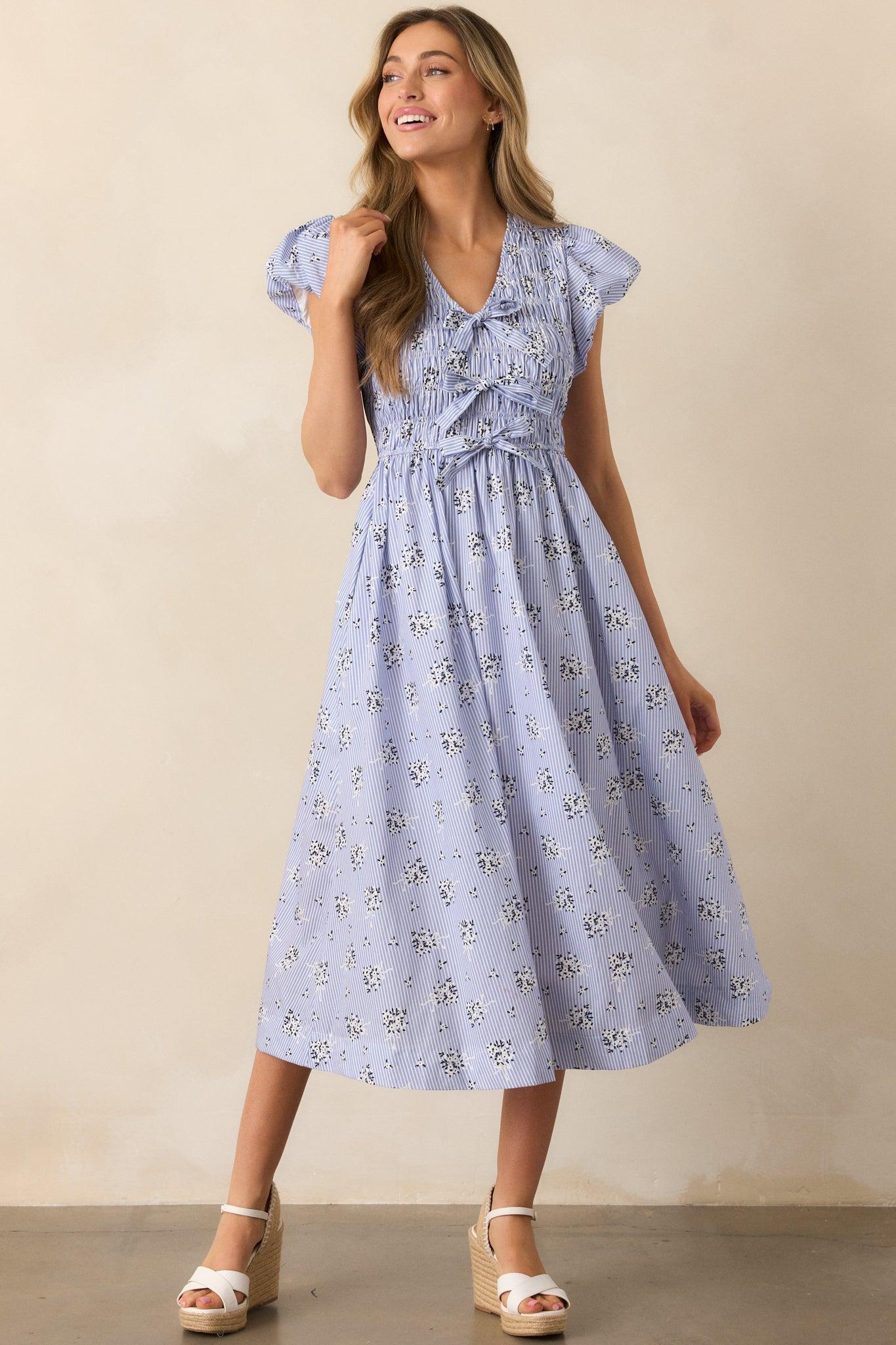 On A Good Note Blue Stripe Floral Cotton Midi Dress Product Image