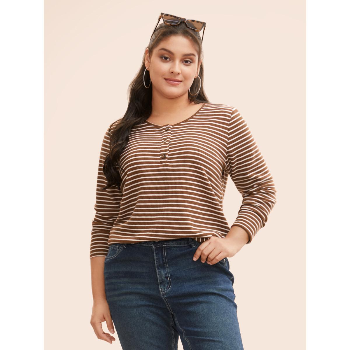 Plus Size Striped Textured Button Up T-shirt Browncoffeecolor Women Casual Button Round Neck Everyday T-shirts BloomChic 30/6X Product Image