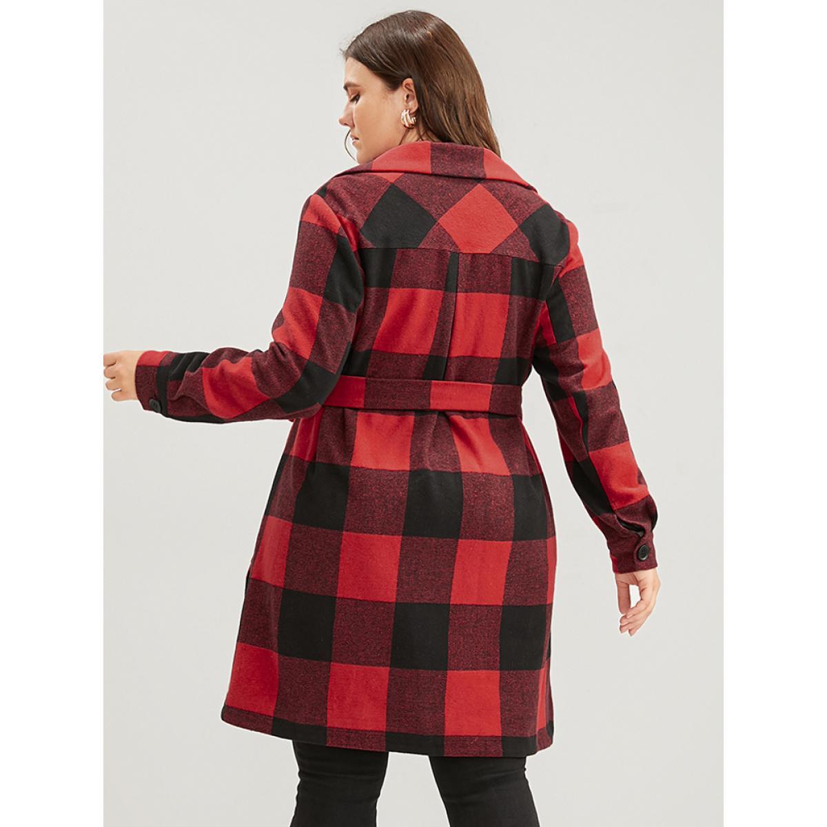 Plus Size Plaid Pocket Button Up Belted Coat Women Red Elegant Cross straps Ladies Dailywear Winter Coats BloomChic 30/6X Product Image