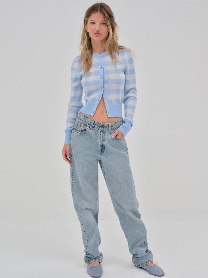 Brushed Gingham Knit Cardigan — Blue Product Image