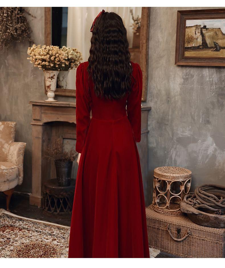 Long-Sleeve Notch Neck Plain Ruched Midi A-Line Cocktail Dress / Evening Gown Product Image