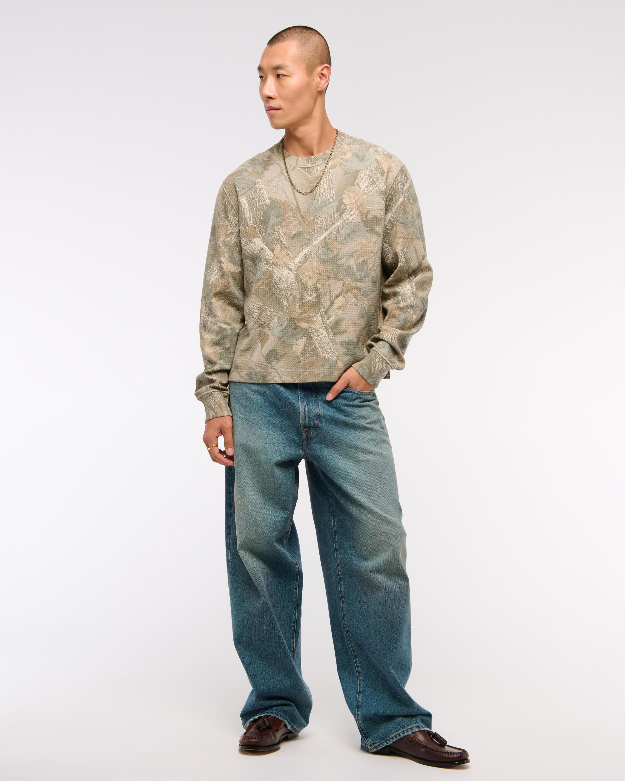 Long-Sleeve Grid Waffle Cropped Tee Product Image