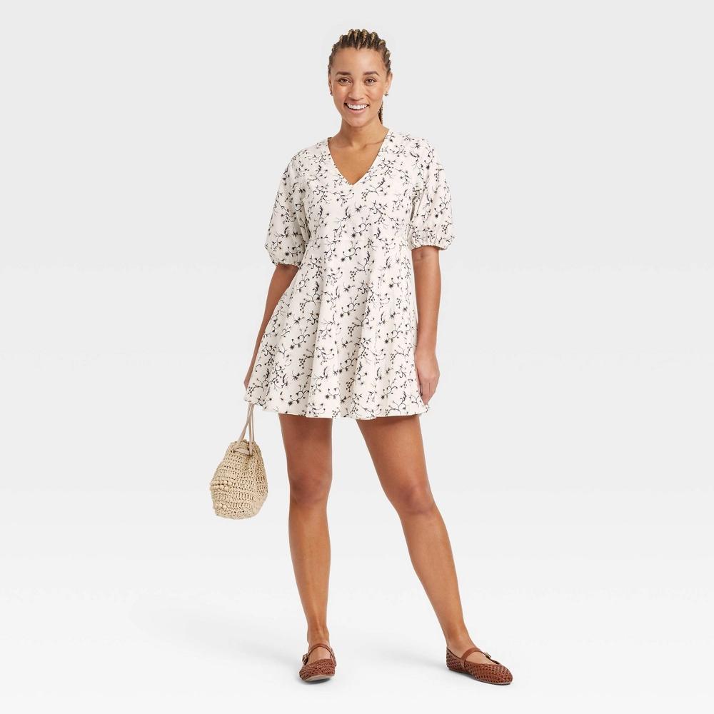 Women's Bell Elbow Sleeve Mini A-Line Dress - Universal Thread™ White Floral XS: Cotton Rayon Blend, V Neck, Side Pocket Product Image