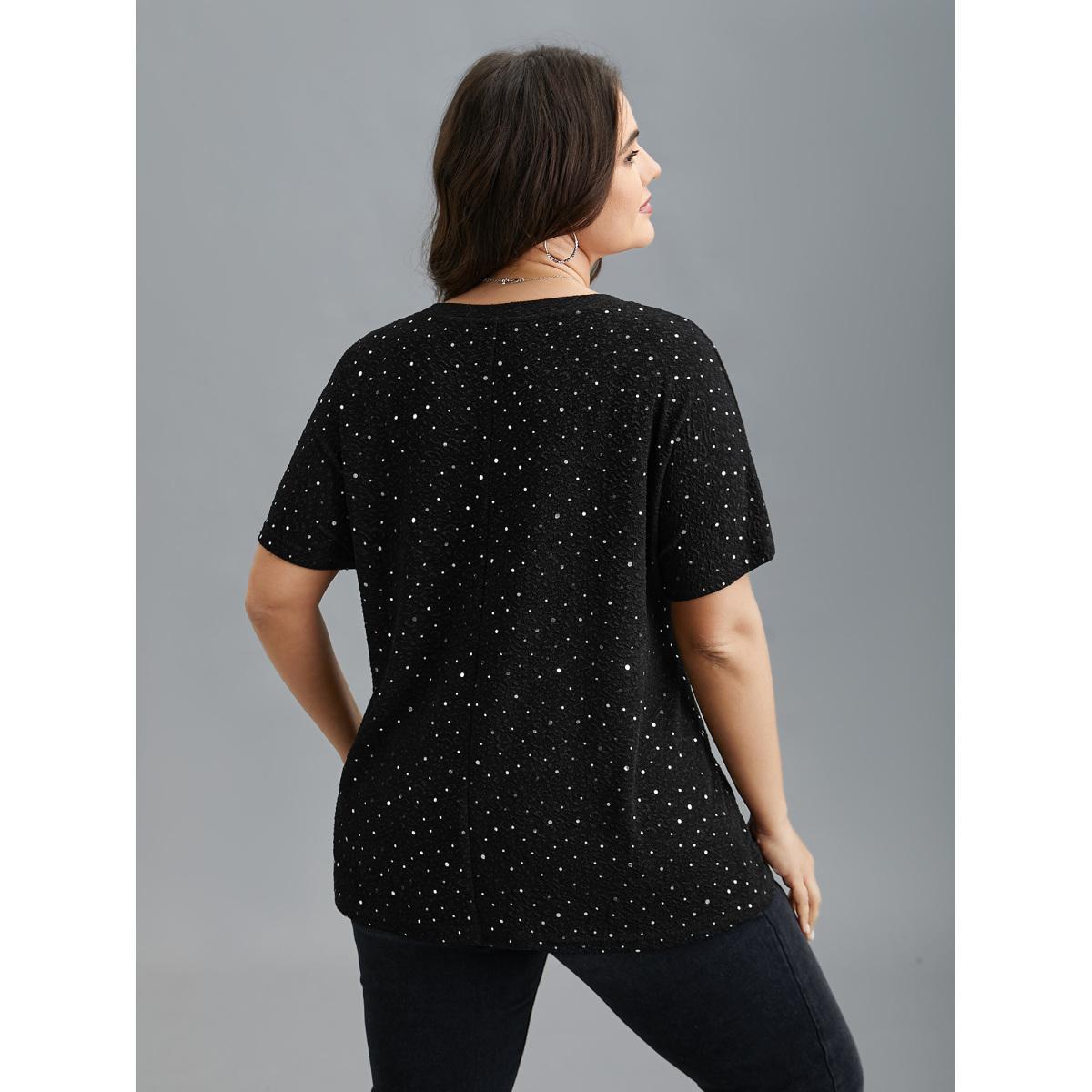 Plus Size V-Neck Sequin Textured T-Shirt Black Women Casual Rhinestone detailing V-neck Everyday T-shirts BloomChic 30/6X Product Image