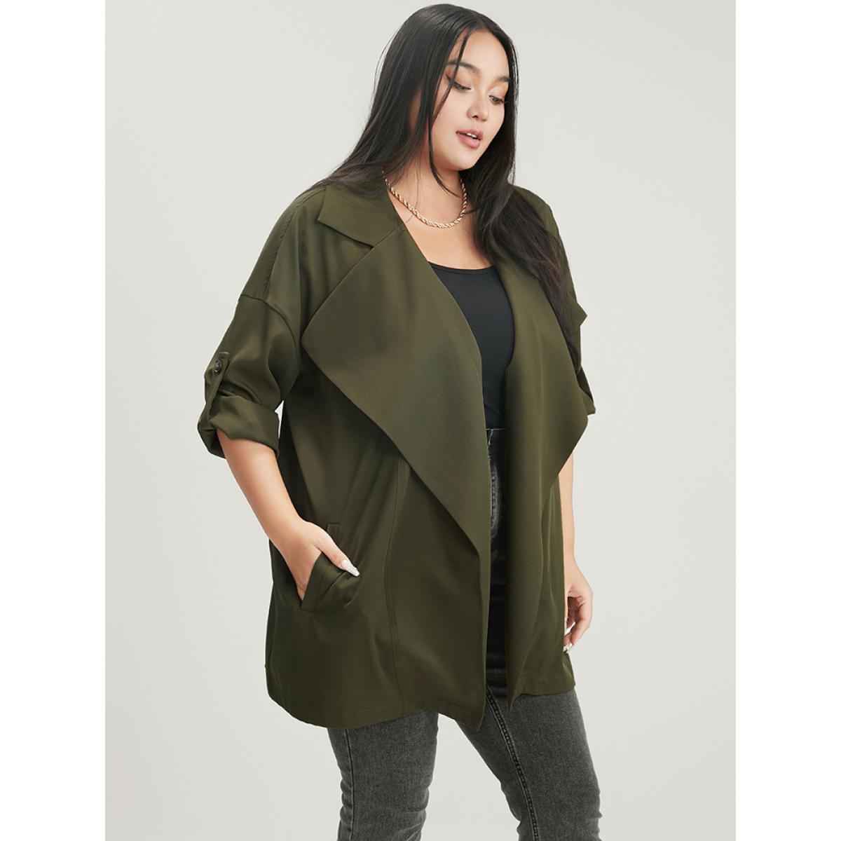 Plus Size Solid Pocket Roll Sleeve Waterfall Collar Coat Women ArmyGreen Casual Pocket Ladies Dailywear Winter Coats BloomChic 18-20/2X Product Image