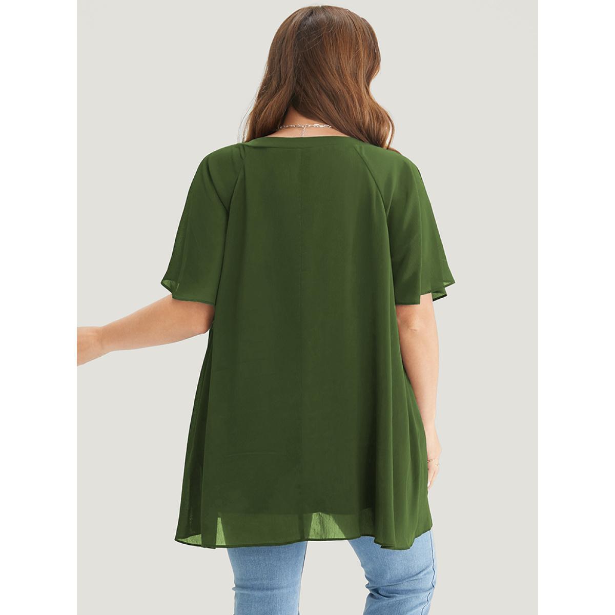 Plus Size Moss Solid Ruffles Gathered Mesh Raglan Sleeve Blouse Women Elegant Short sleeve V-neck Dailywear Blouses BloomChic 28/5X Product Image