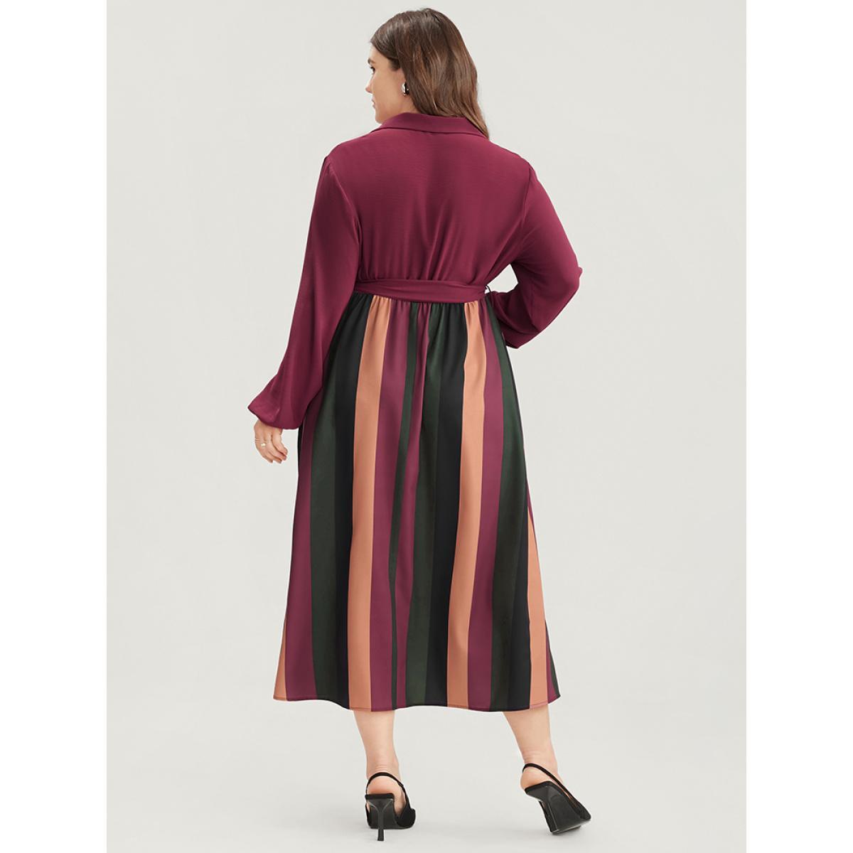Plus Size Solid Patchwork Wrap Pocket Lantern Sleeve Belted Striped Dress Multicolor Women Office Patchwork V-neck Long Sleeve Curvy Midi Dress BloomChic 28/5X Product Image