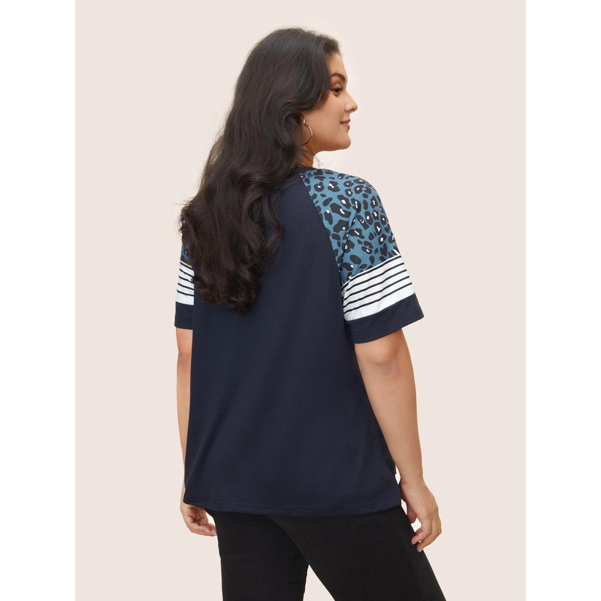Plus Size Stripes Leopard Patchwork Raglan Sleeve T-shirt Midnight Women Casual Contrast Round Neck Everyday T-shirts BloomChic 14-16/1X Product Image