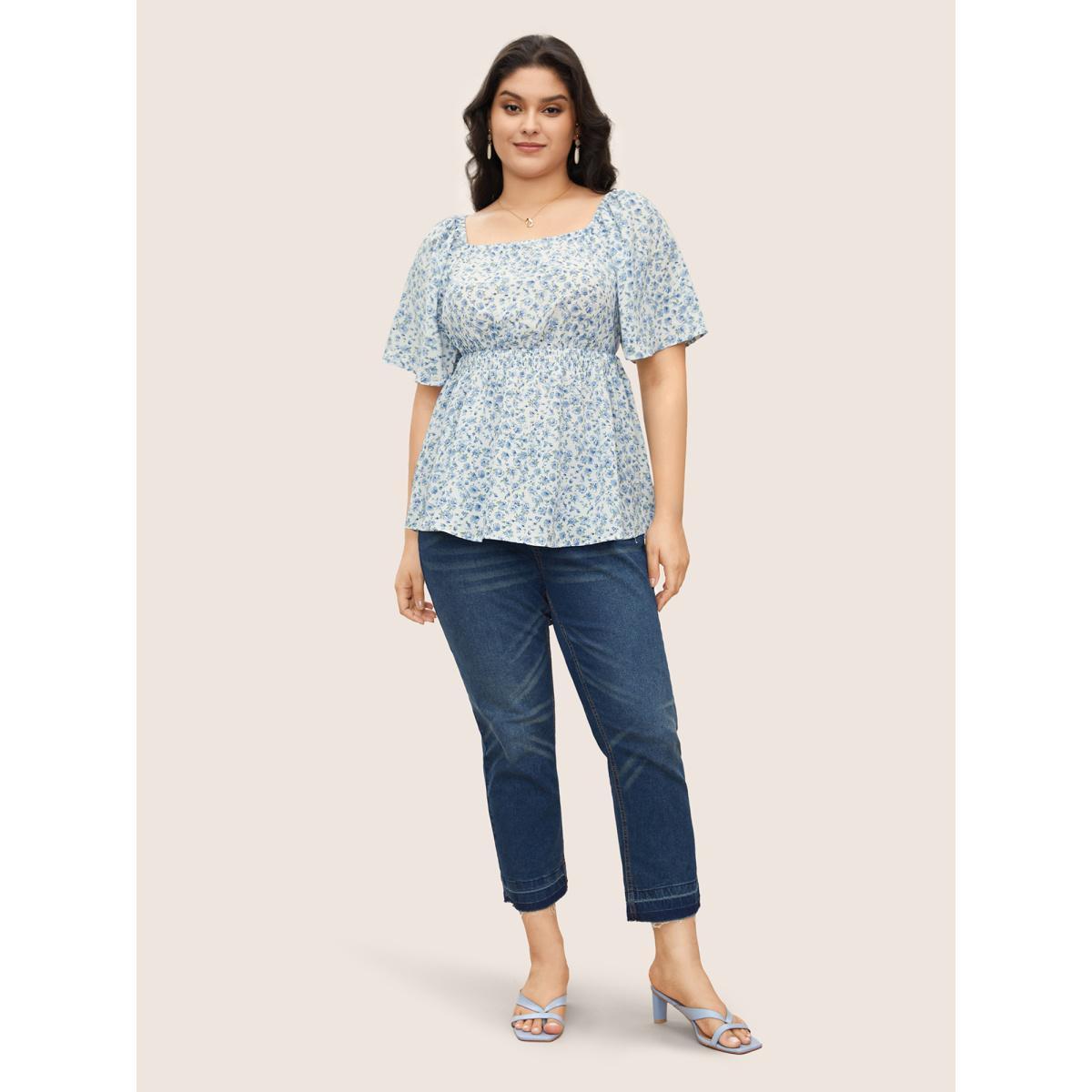 Plus Size White Ditsy Floral Ruffle Sleeve Shirred Square Neck Blouse Women Elegant Short sleeve Square Neck Everyday Blouses BloomChic 14-16/1X Product Image
