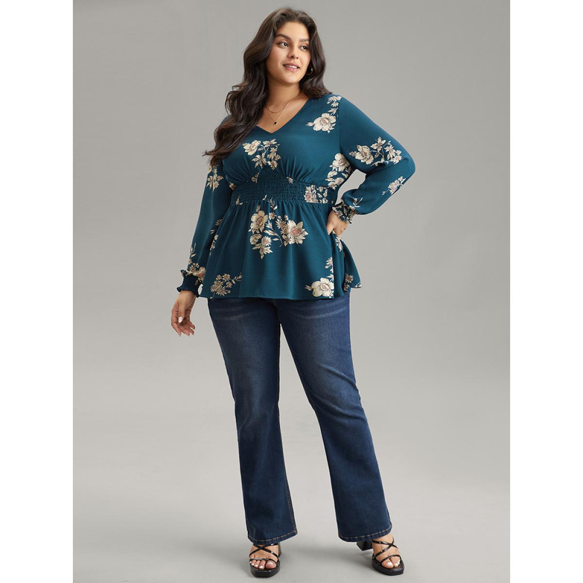Plus Size Aegean Shirred Floral Elastic Waist Lantern Sleeve Blouse Women Elegant Long Sleeve V-neck Everyday Blouses BloomChic 28/5X Product Image