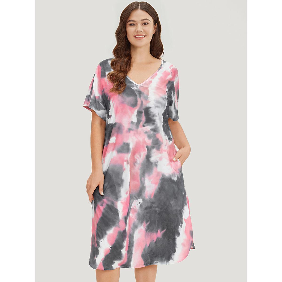 Plus Size Tie Dye Pocket V Neck Dolman Sleeve Dress Multicolor Women Casual Tie Dye V-neck Short sleeve Curvy Midi Dress BloomChic 18-20/2X Product Image
