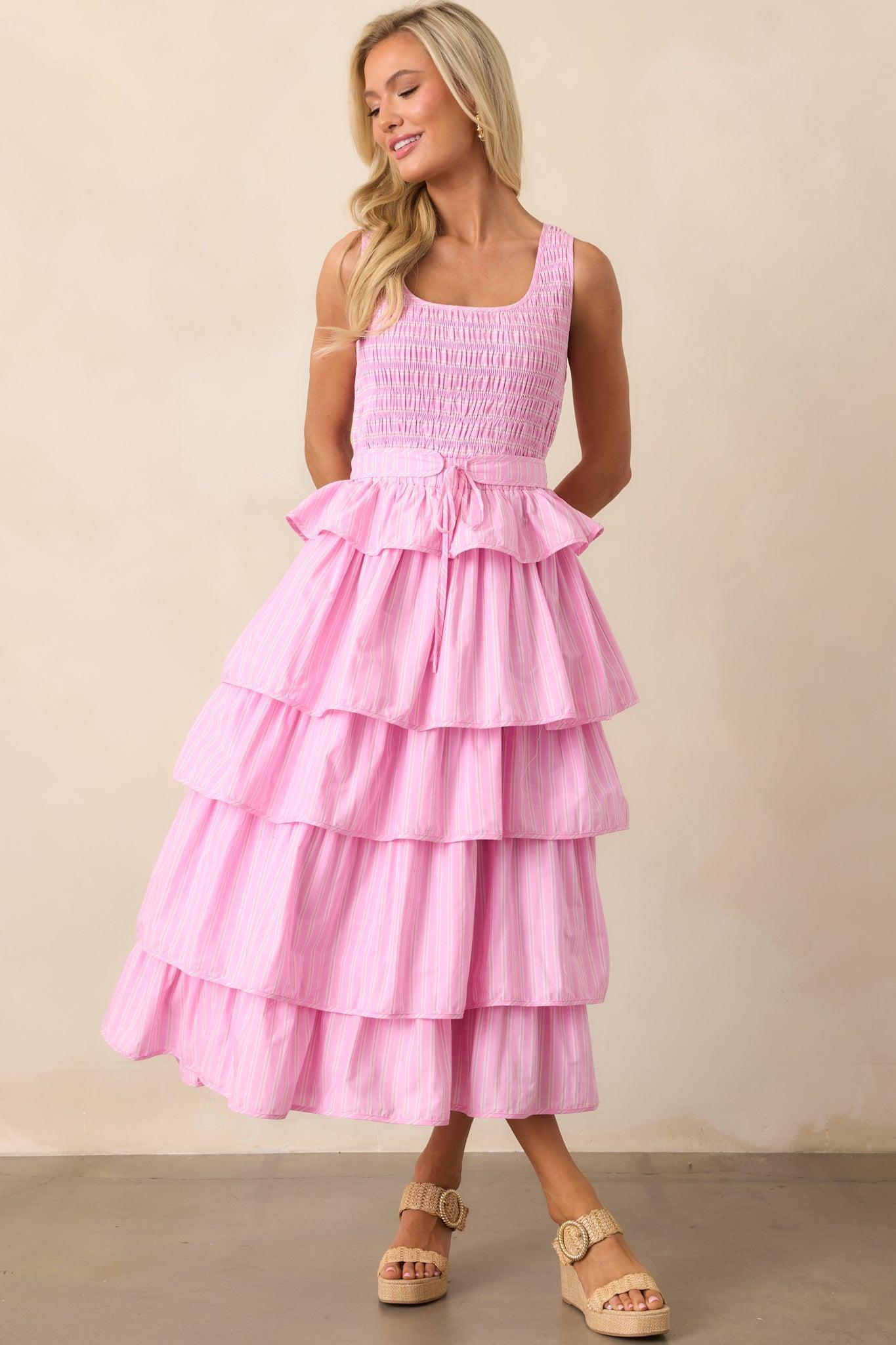 On Cloud Nine Pink Stripe Cotton Ruffle Maxi Dress Product Image