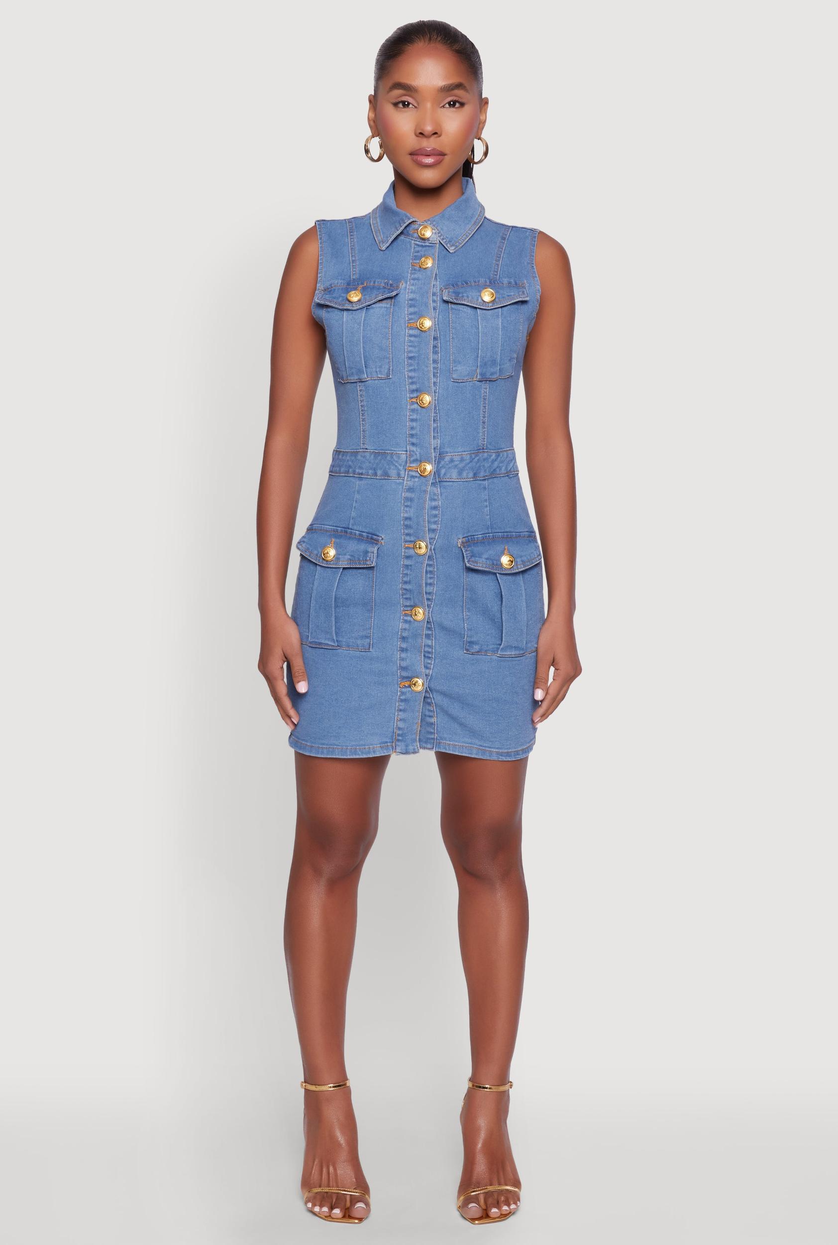 Womens Daisy Sleeveless Button Front Denim Dress Product Image