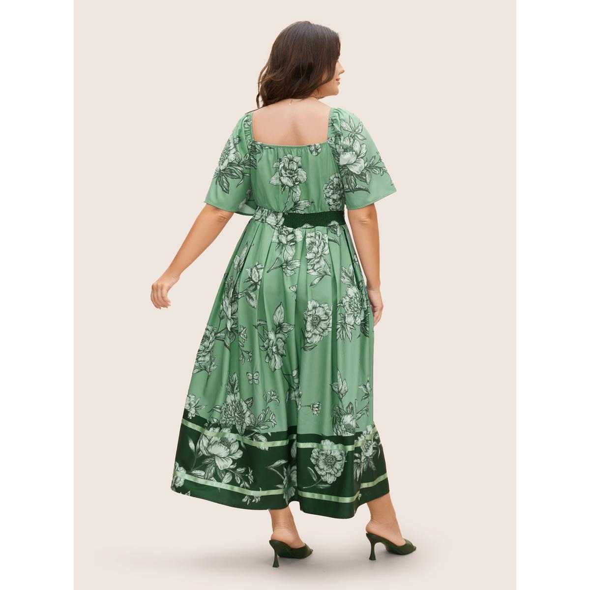 Plus Size Boho Print Heart Neckline Ruffle Sleeve Maxi Dress Emerald Women Elegant Woven ribbon&lace trim Square Neck Short sleeve Curvy BloomChic 22-24/3X Product Image