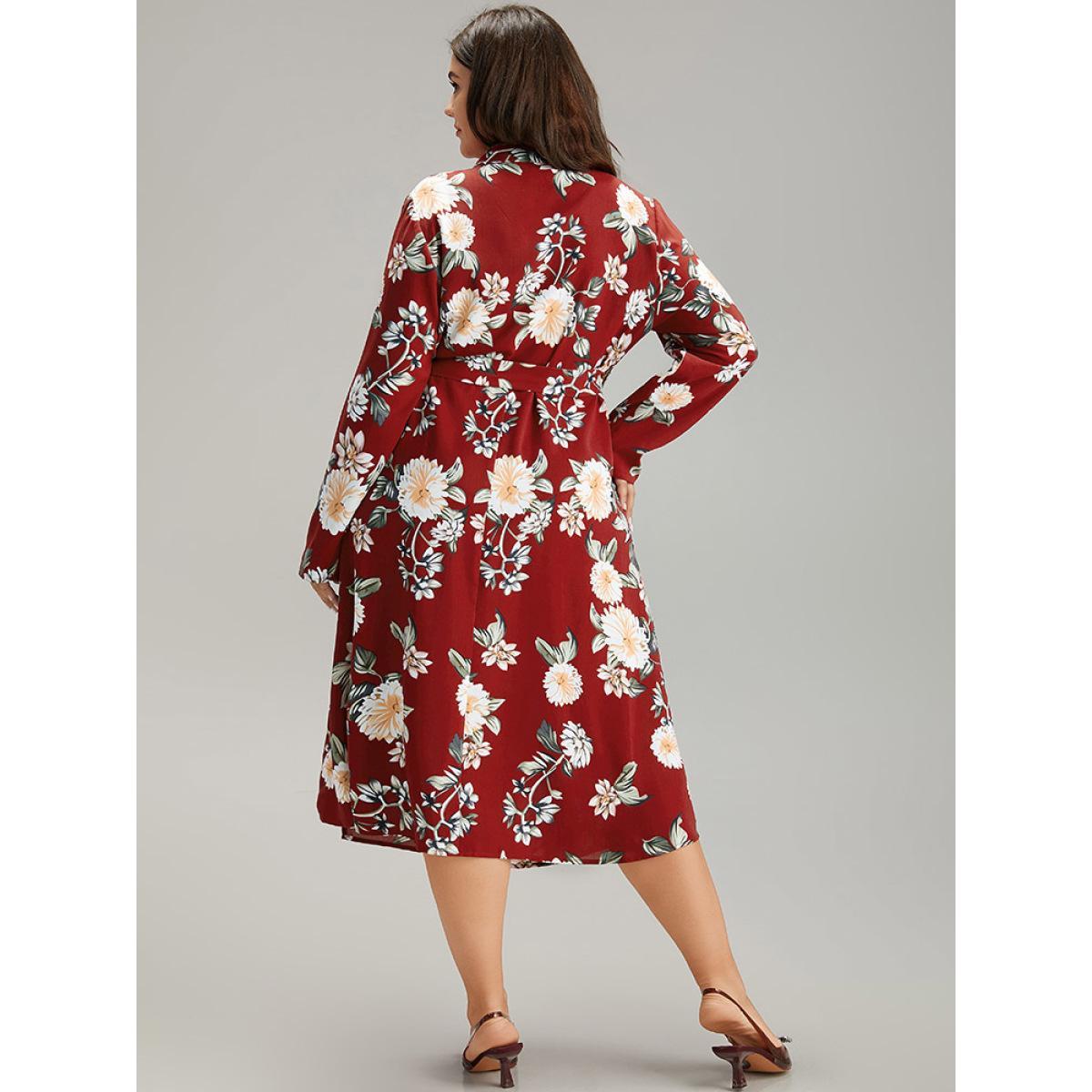 Plus Size Floral Print Knotted Shirt Collar Dress Scarlet Women Elegant Printed V-neck Long Sleeve Curvy Midi Dress BloomChic 12/L Product Image