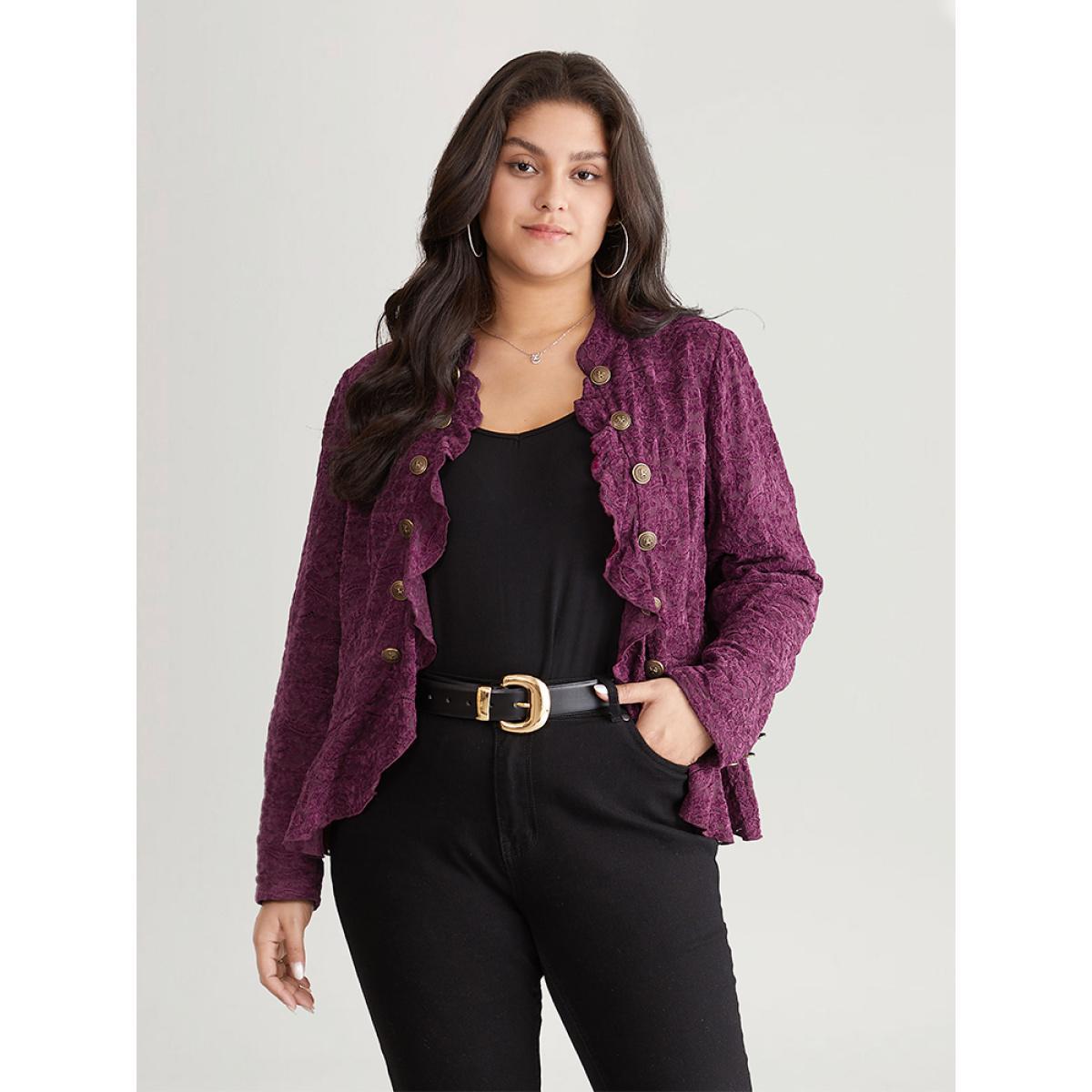 Plus Size Guipure Lace Ruffle Trim Buckle Detail Jacket Women Purple Plain Dailywear Jackets BloomChic 14-16/1X Product Image