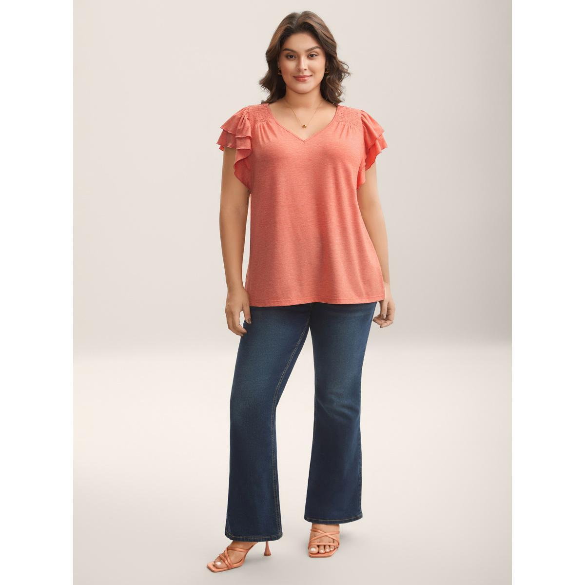Plus Size Shirred Layered Lotus Leaf Sleeve T-Shirt Salmon Women Gathered V-neck Everyday-Elegant T-shirts BloomChic 26/4X Product Image