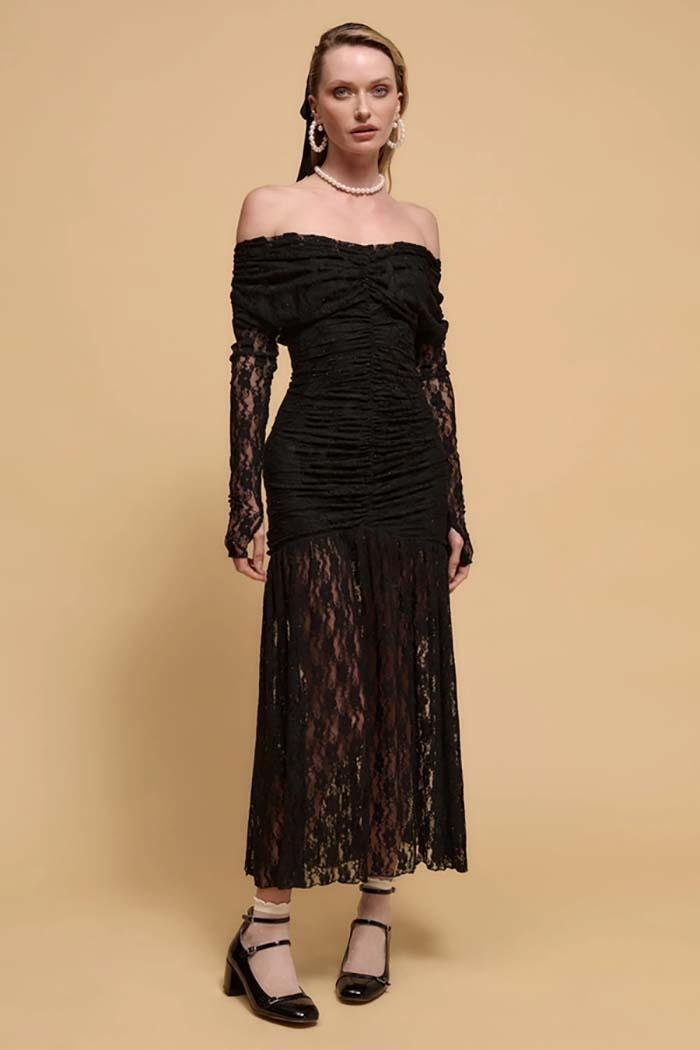Studded Floral-Lace Off-Shoulder Ruched Maxi Dress Product Image