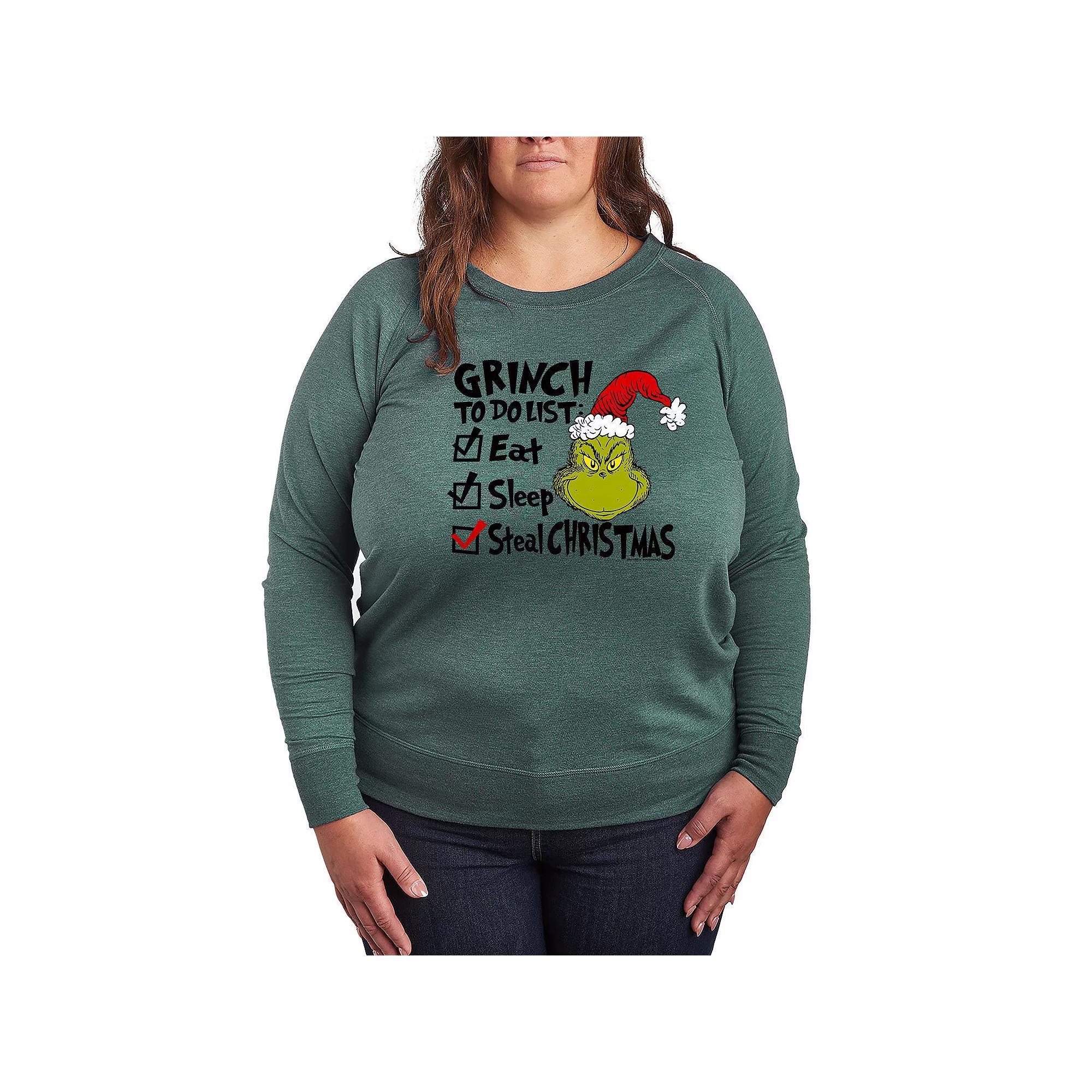 Plus Size Dr. Seuss The Grinch To Do List French Terry Long Sleeve Tee, Women's, Size: 2XL, Beige Product Image