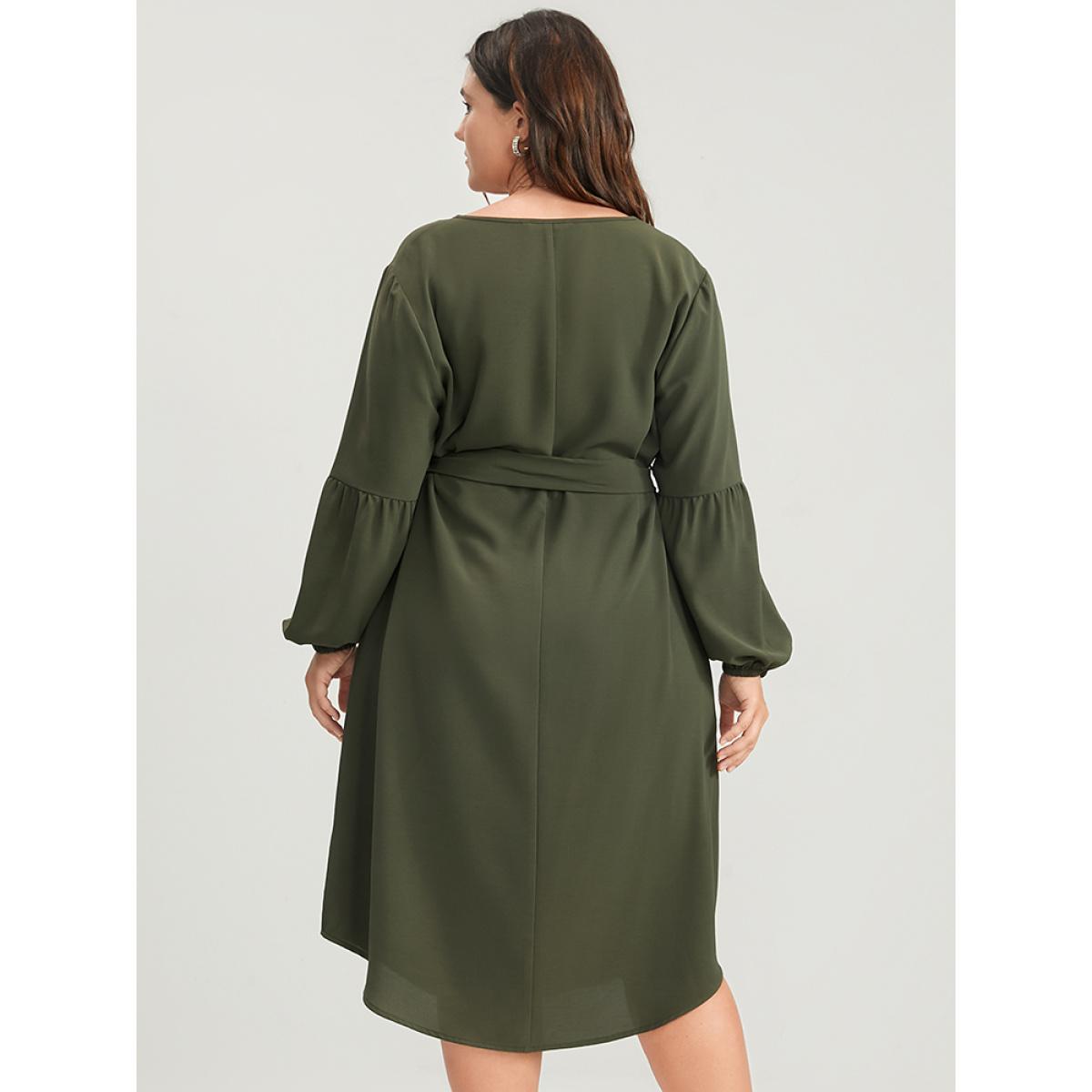 Plus Size Solid Lantern Sleeve Button Pocket Belted Arc Hem Dress ArmyGreen Women Office Belted Round Neck Long Sleeve Curvy Midi Dress BloomChic 12/L Product Image