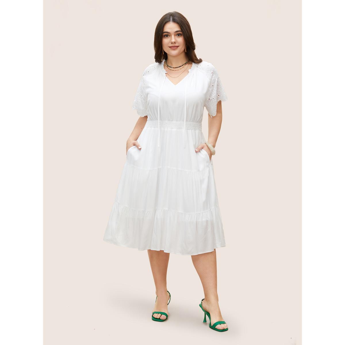 Plus Size Notched Collar Raglan Sleeve Ruffle Layered Hem Dress White Women Resort Tie knot Notched collar Short sleeve Curvy Midi Dress BloomChic 30/6X Product Image