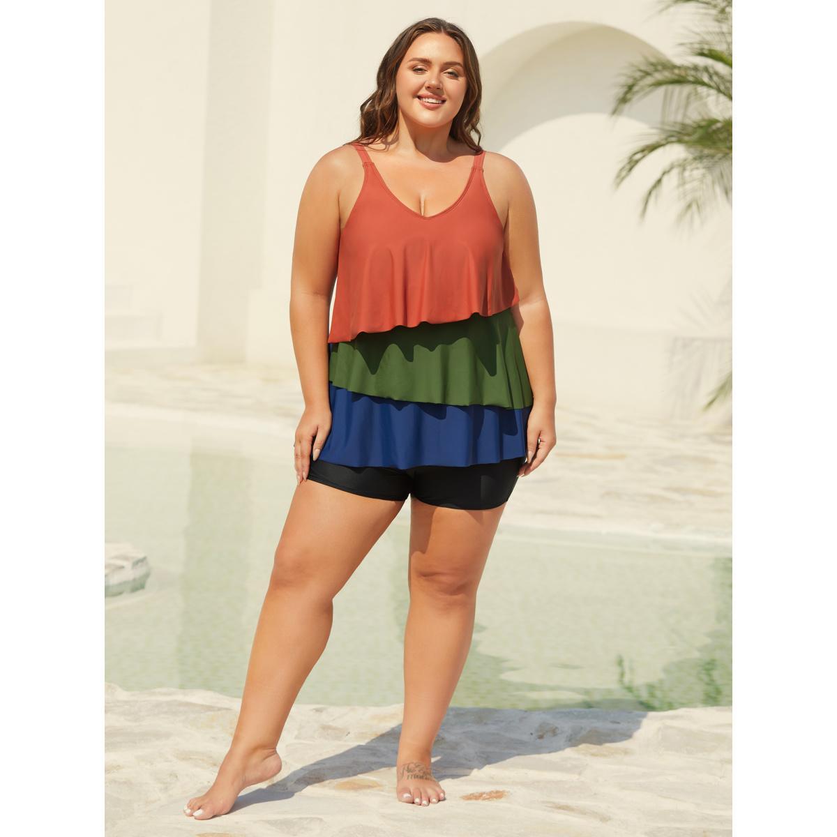 Plus Size Color Block Asymmetrical Hem Swim Top Women's Swimwear Multicolor Beach Contrast High stretch Bodycon V-neck Curve Swim Tops BloomChic 26/4X Product Image