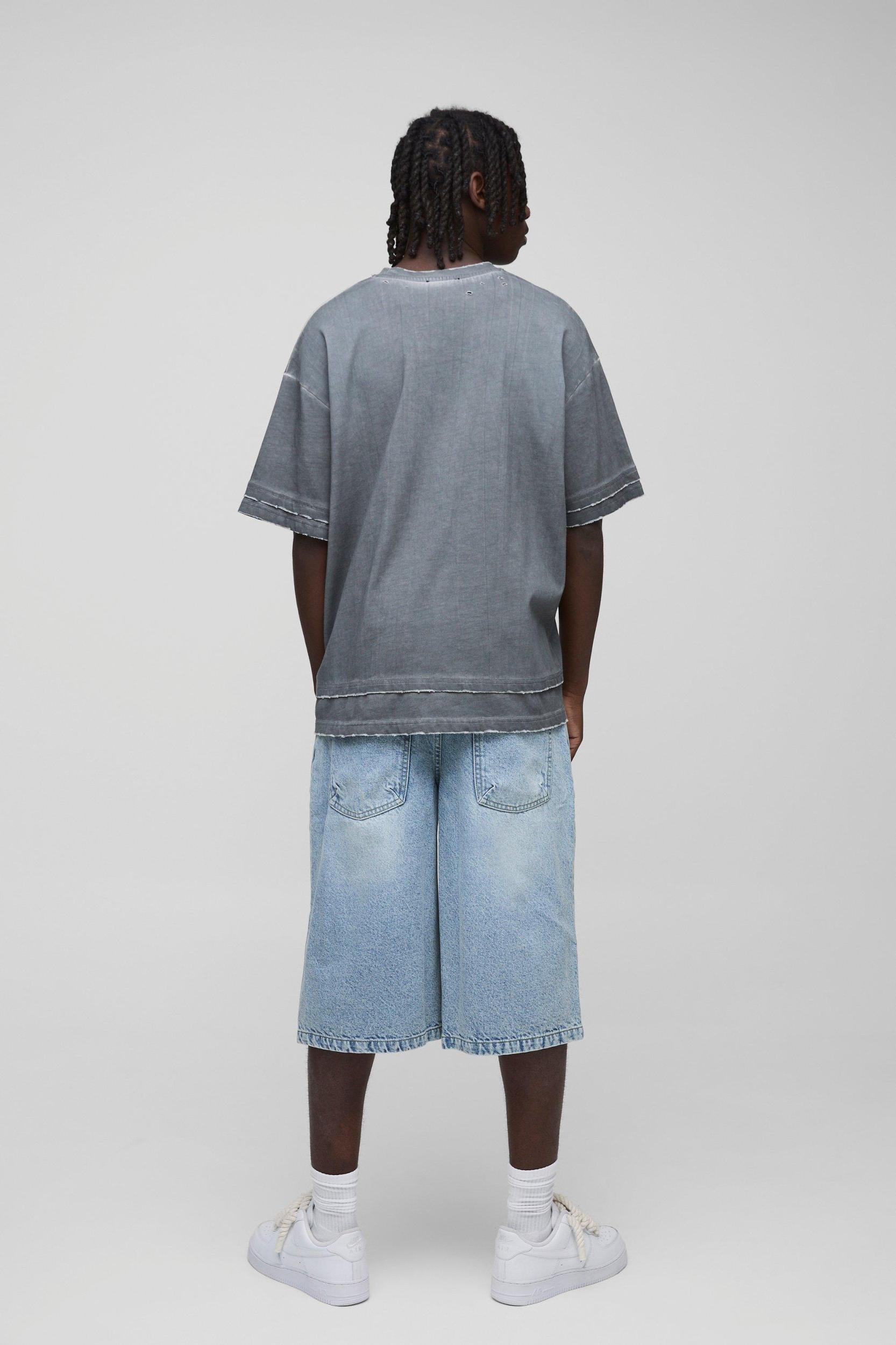 Long Line Denim Jorts In Light Blue | boohooMAN USA Product Image