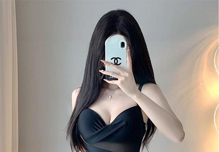 Set: Tie-Side Mesh Panel Swimsuit + Cover-Up Skirt Product Image