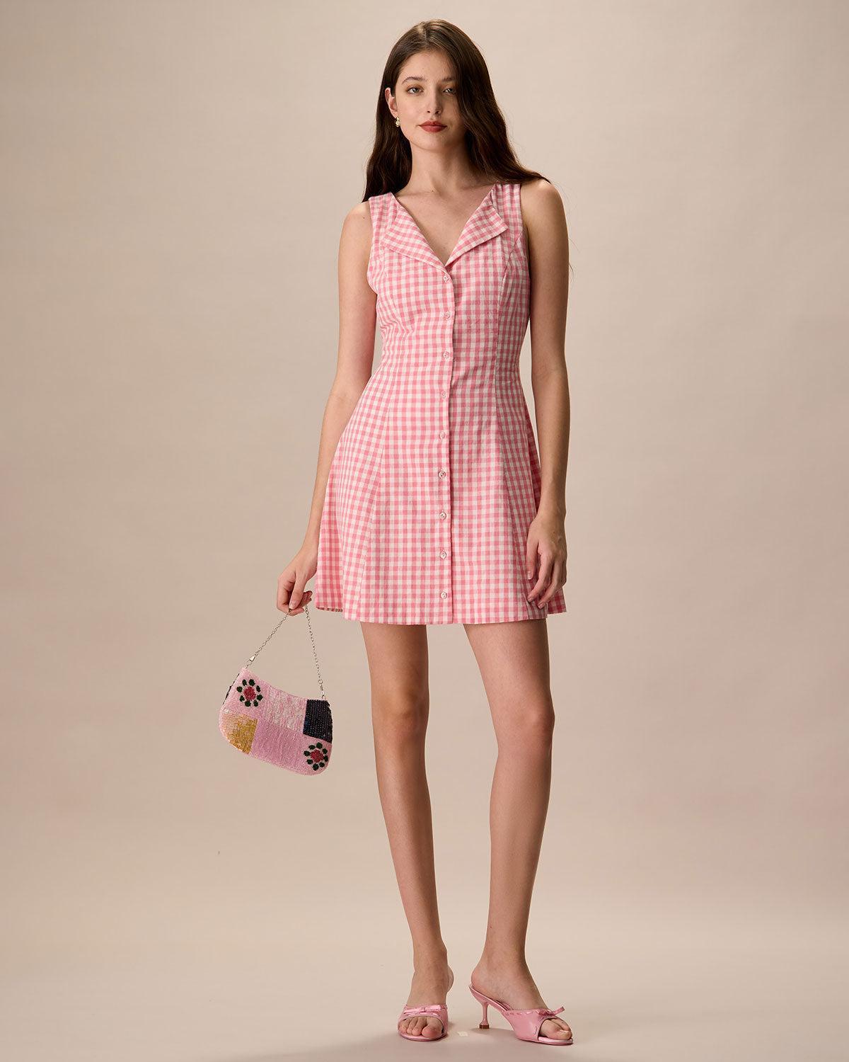 Women's Pink V-Neck Plaid Cotton Mini Dress Female Product Image