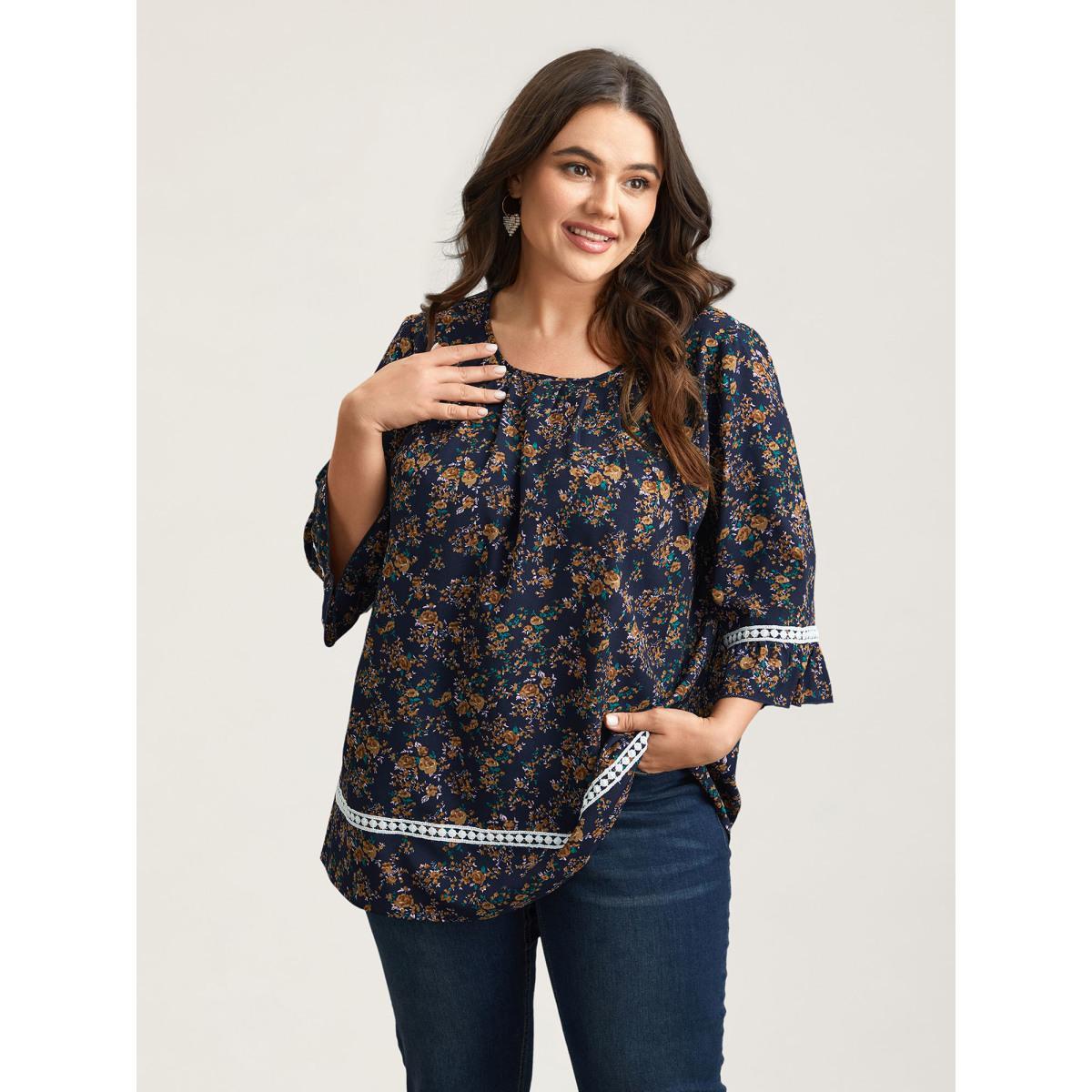 Plus Size Indigo Floral Print Lace Paneled Gathered Shirt Women Elegant Elbow-length sleeve Round Neck Everyday Blouses BloomChic 26/4X Product Image
