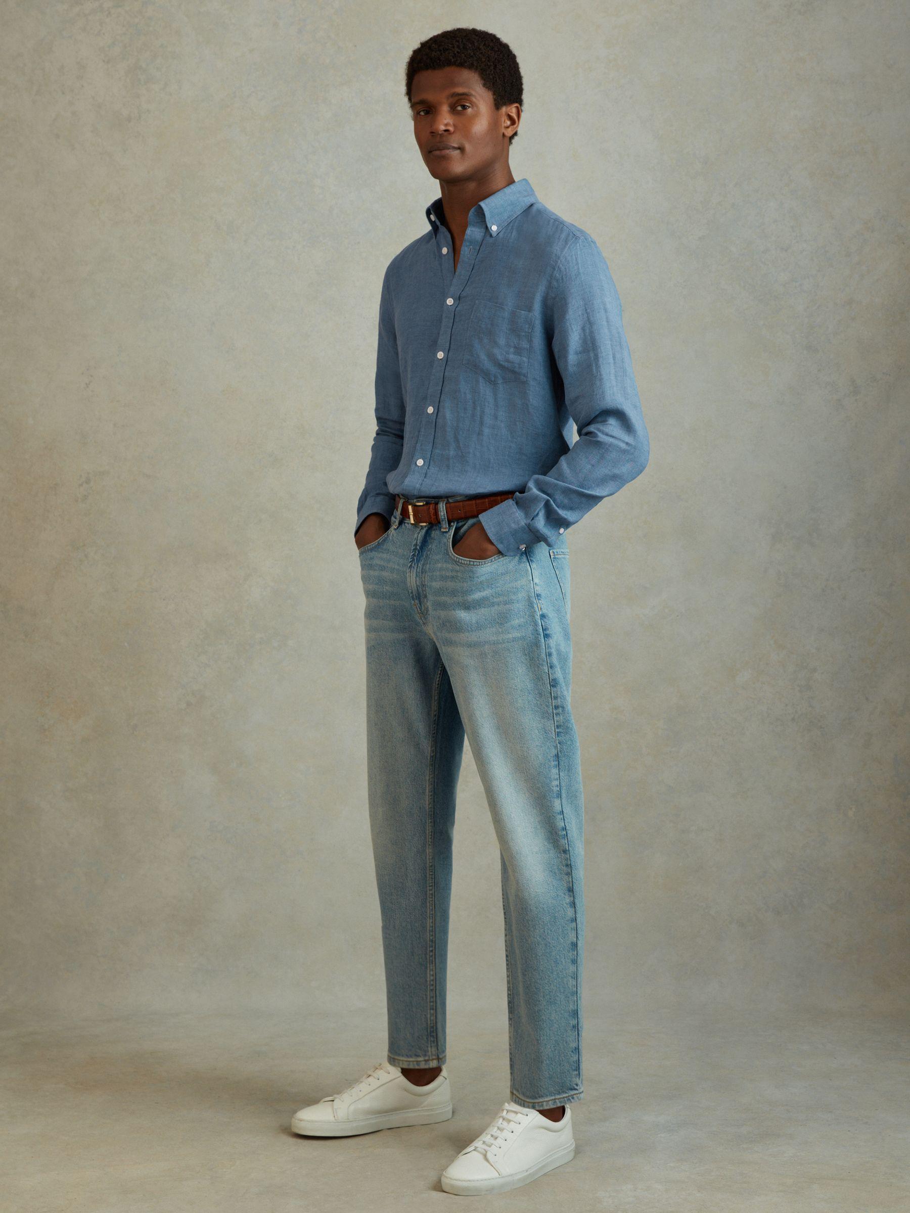 100% Linen Button-Down Collar Shirt in Denim Blue Product Image
