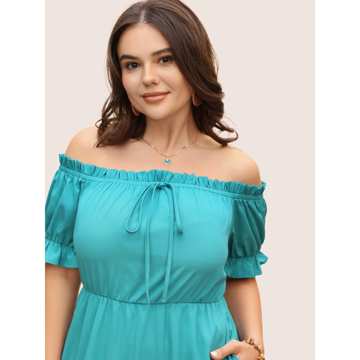 Plus Size One Shoulder Neck Frill Trim Tie Knot Dress Malachitegreen Women Resort Tie knot One-shoulder neck Short sleeve Curvy BloomChic 26/4X Product Image