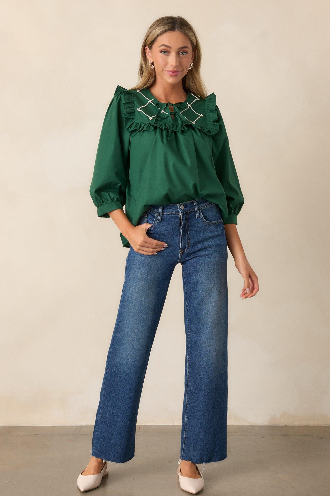 It Happens Hunter Green Ruffle Puff Sleeve Top Product Image
