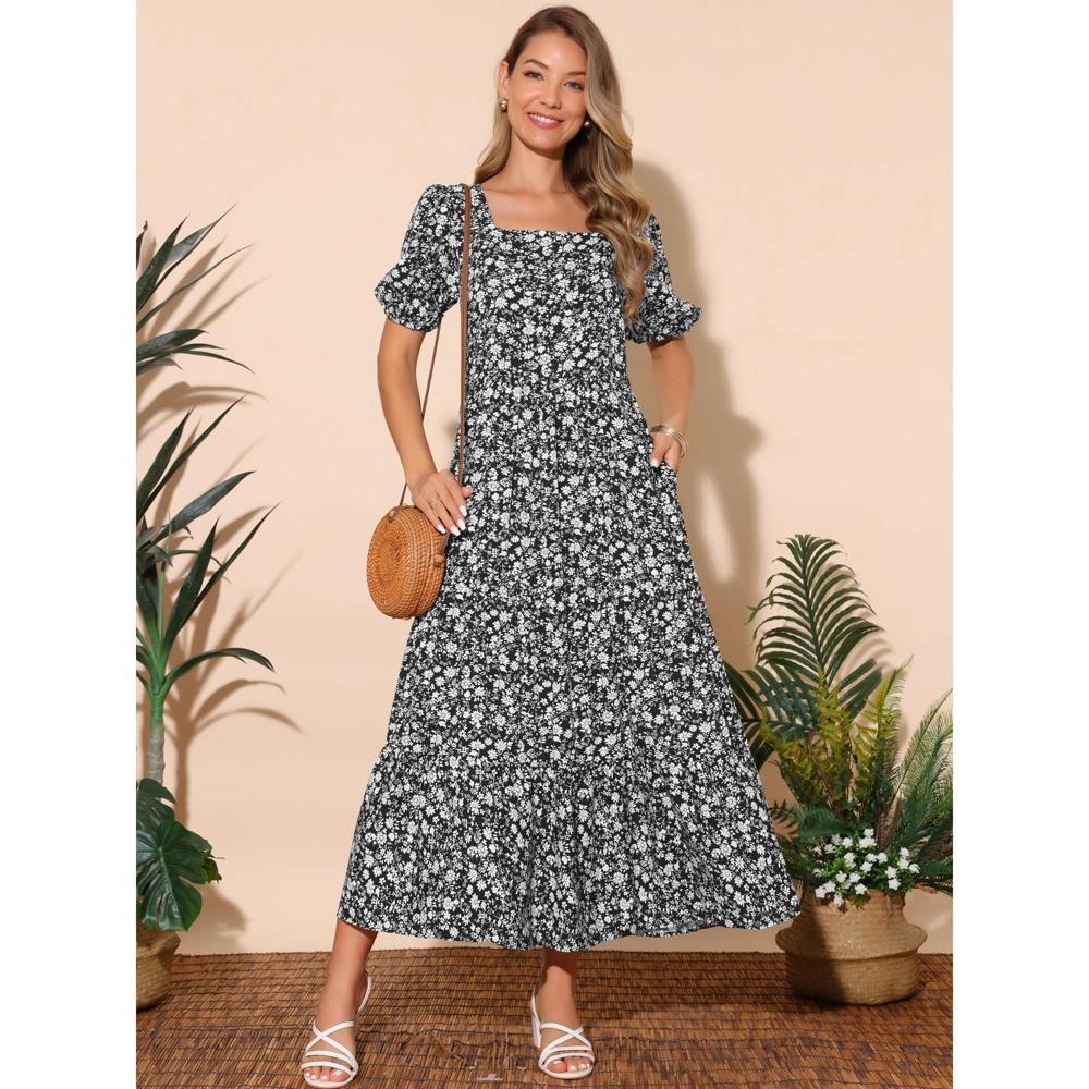 INSPIRE CHIC Women's Summer Floral Puff Short Sleeve Square Neck Boho Casual Pockets Tiered Midi Dress Product Image