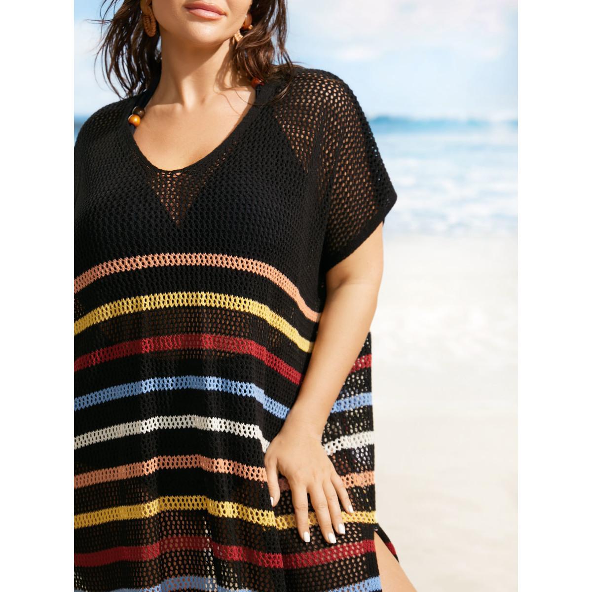Plus Size Contrast Striped Batwing Sleeve Split Hem Swim Cover Up Women's Swimwear Black Beach Loose Texture Curve Swim Cover Ups BloomChic 30/6X Product Image