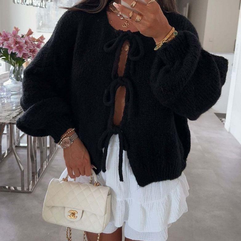 Round Neck Plain Bowknot Cardigan Product Image