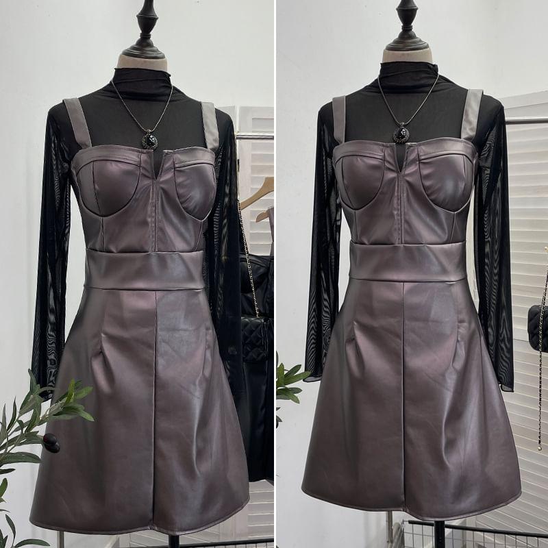 Faux Leather Plain Mini A-Line Dungaree Dress Product Image