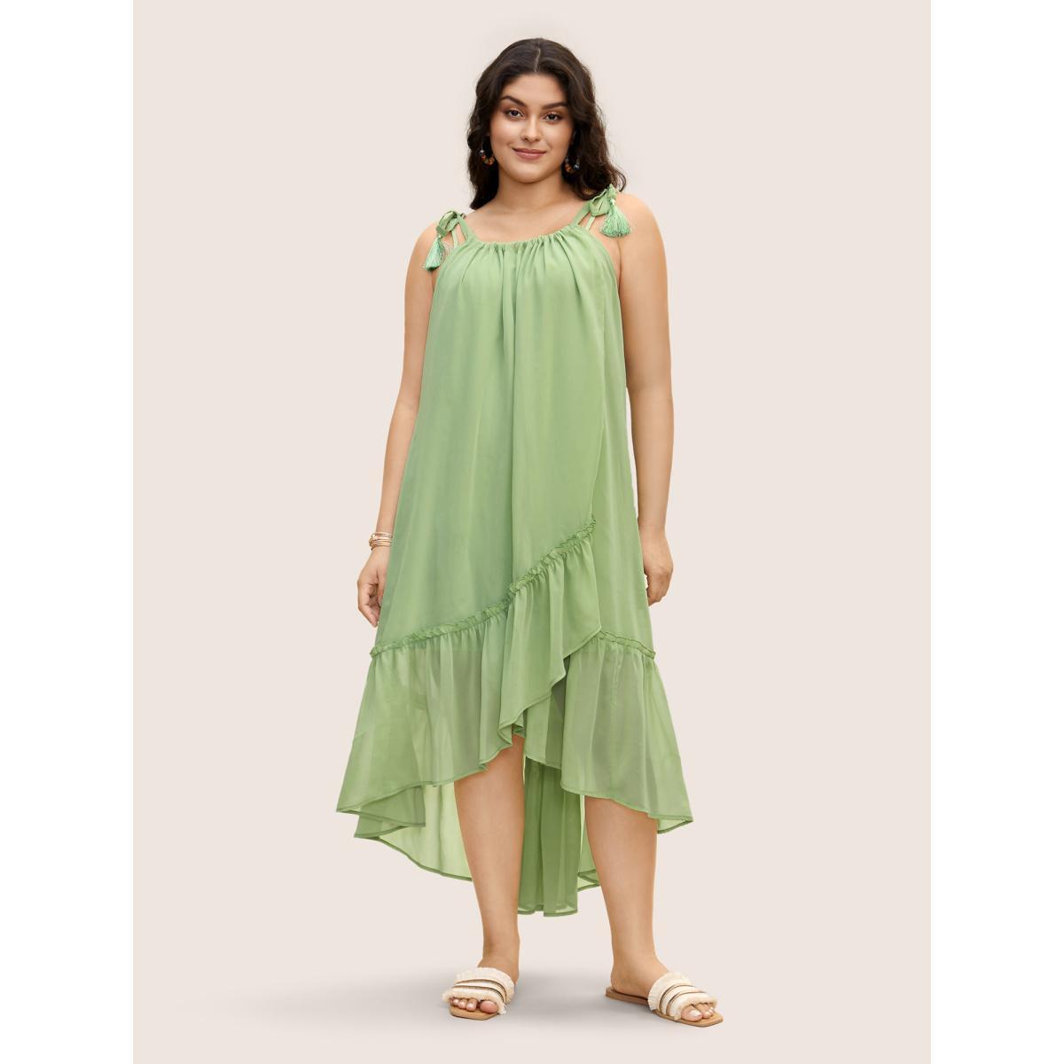 Plus Size Solid Ruffles Tie Knot Tassel Trim Mesh Dress Palemauve Women Resort Tie knot Non Sleeveless Curvy BloomChic 28/5X Product Image