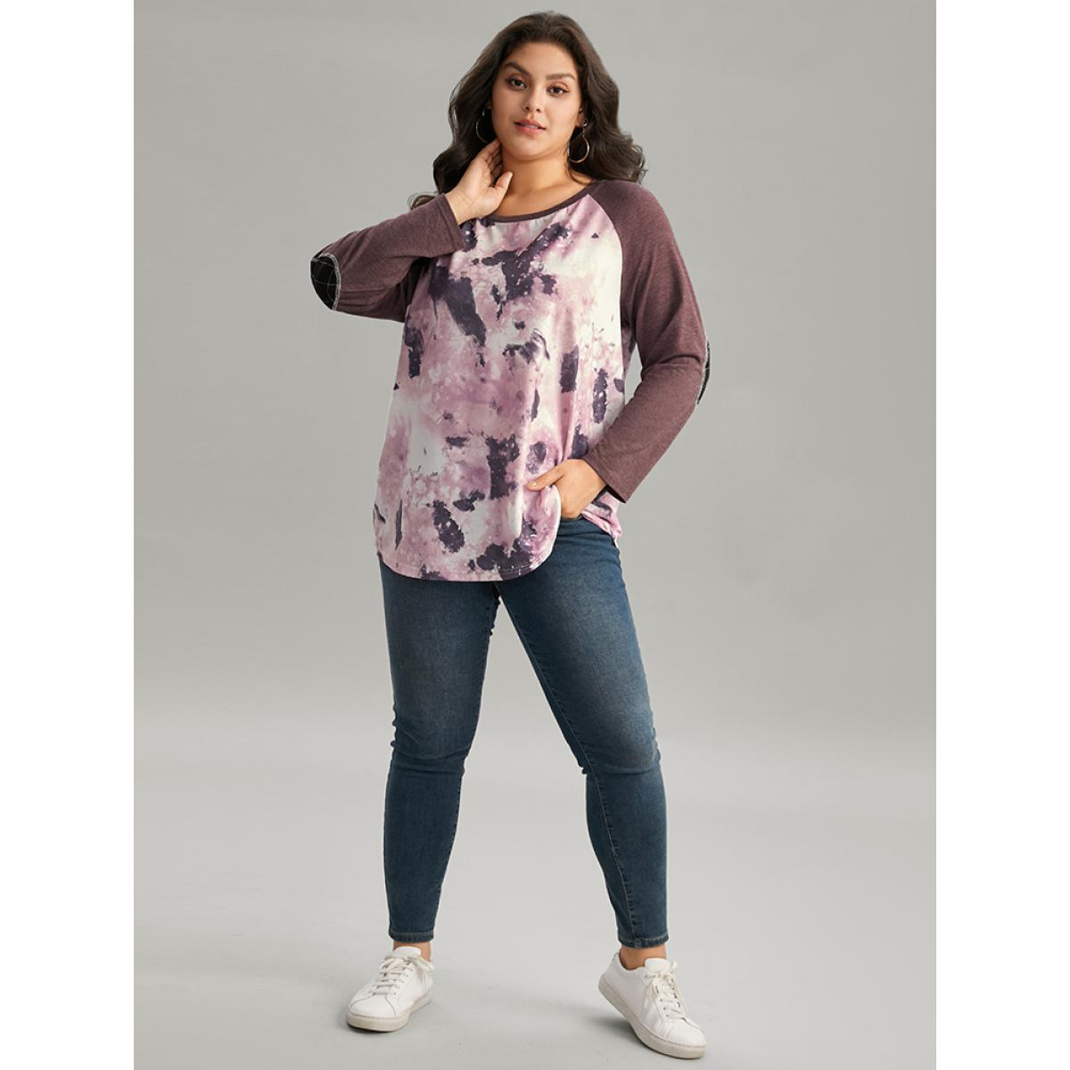 Plus Size Tie Dye Patchwork Contrast Raglan Sleeve T-shirt Multicolor Women Casual Contrast Tie Dye Round Neck Dailywear T-shirts BloomChic 22-24/3X Product Image