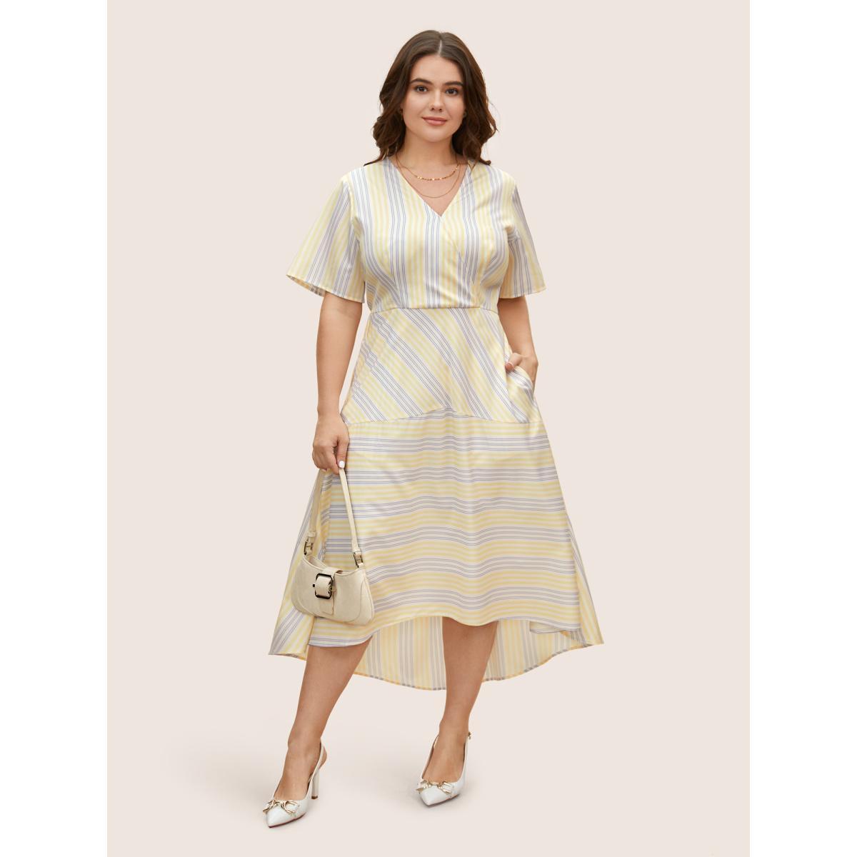 Plus Size Surplice Neck Contrast Striped Dress Lightyellow Women At the Office Contrast Overlap Collar Short sleeve Curvy BloomChic 14-16/1X Product Image