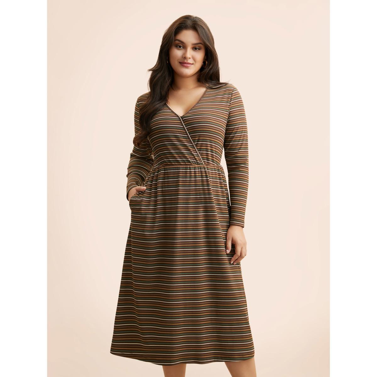 Plus Size Striped Overlap Collar Midi Dress Browncoffeecolor Women Elegant Texture Overlap Collar Long Sleeve Curvy BloomChic 28/5X Product Image
