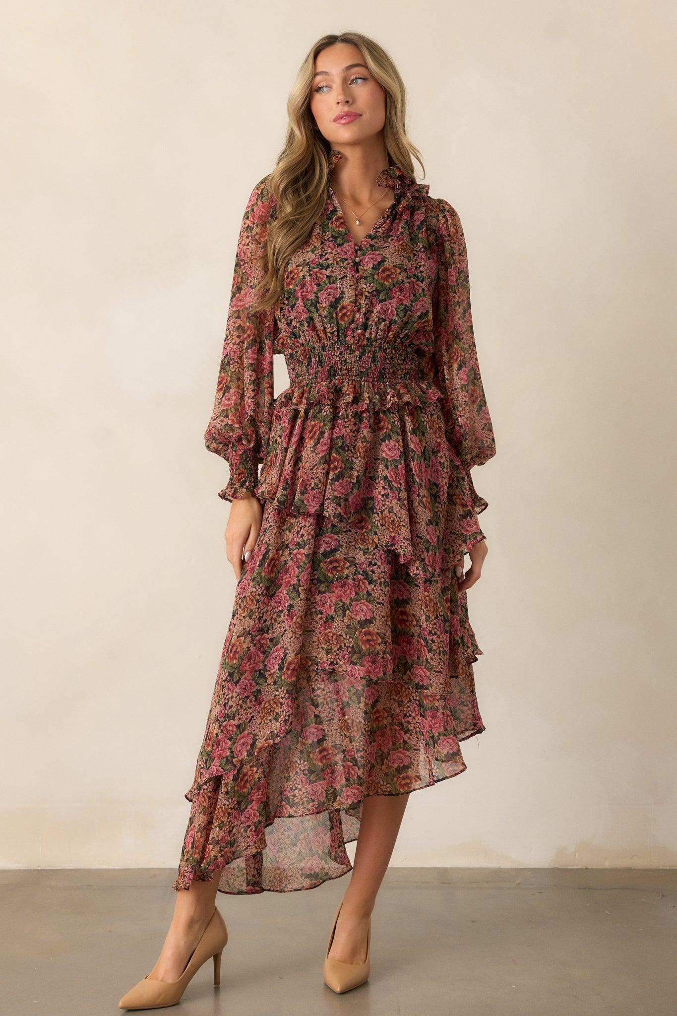 Roses Of Love Black Multi Floral Long Sleeve Ruffle Midi Dress Product Image