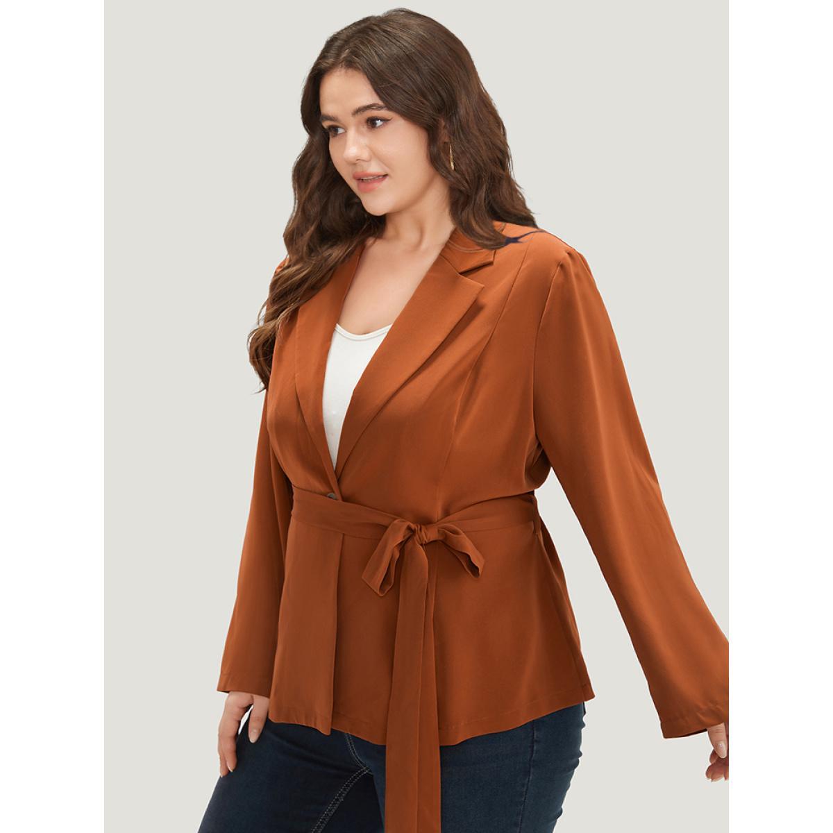 Plus Size Solid Belted Suit Collar Blazer Chocolate Women Dailywear Plain Plain Sleeve Long Sleeve Suit Collar 12/L Belt Casual Blazers BloomChic Product Image