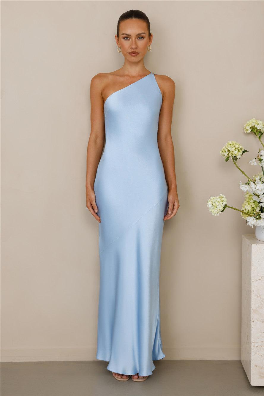 The Evangeline One Shoulder Satin Maxi Dress Blue Product Image