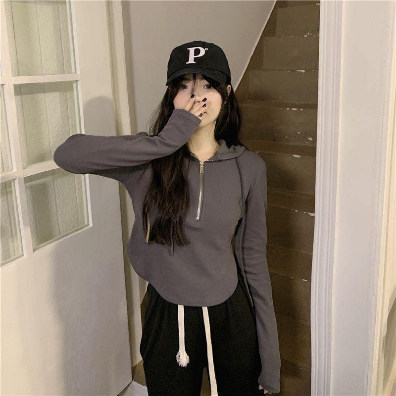 Long Sleeve Plain Hood Half Zip Top Product Image